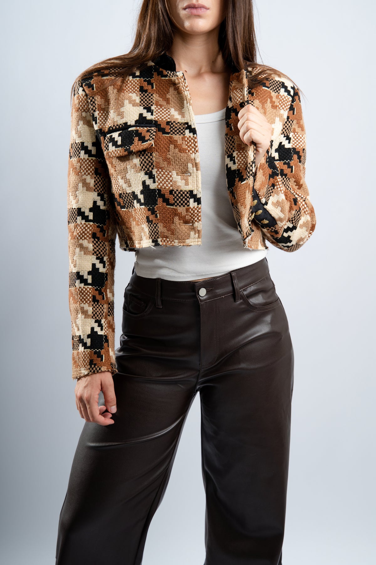 Veste cropped imprimée camel